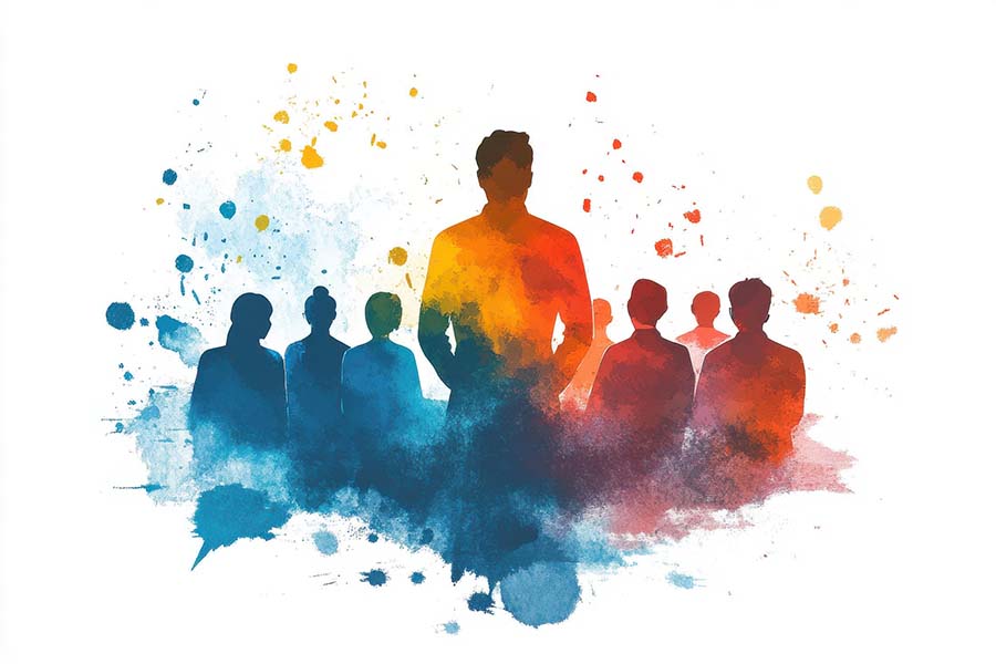A colorful watercolor depiction of a leader standing out among a
