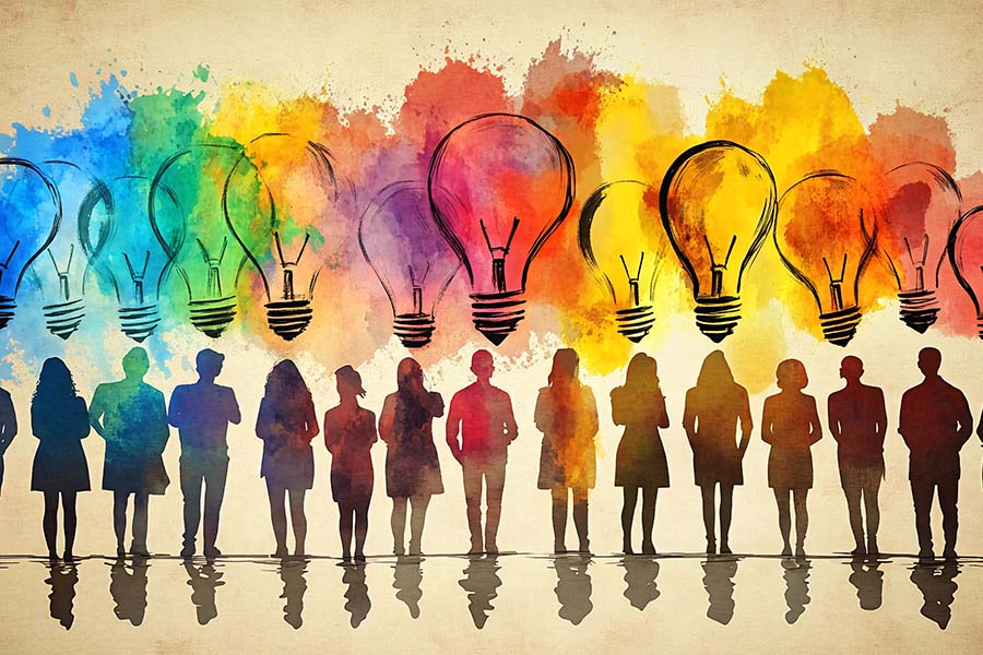 Diverse team brainstorming, colorful ideas, watercolor background, business concept