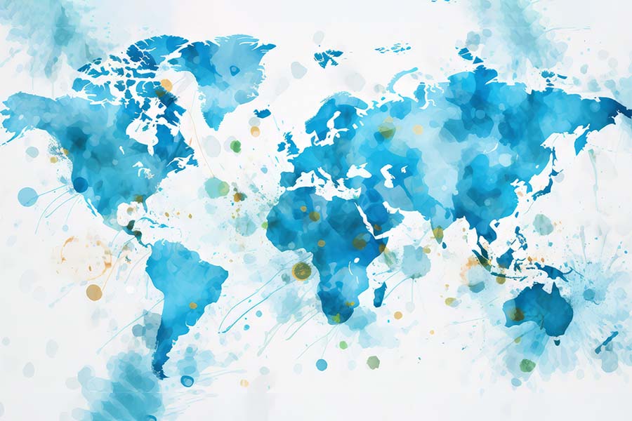 The world map is depicted in blue watercolor on a white backdrop