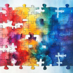 Interlocking puzzle pieces with a watercolor texture, symbolizin